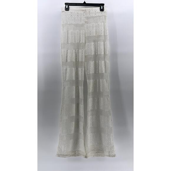 PRETTYLITTLETHING Women's White Mesh Elastic Waist Pull-On Wide-Leg Pant SZ 8 - Picture 1 of 10